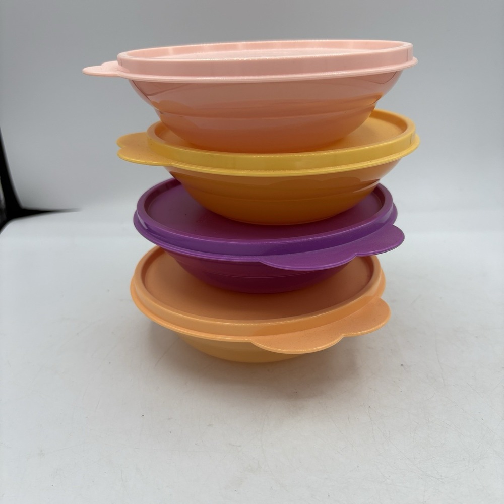 Tupperware Cereal Bowl Jr 1‎ Cup Small Impressions Purple Orange Peach Set of 4